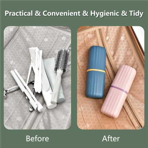 Travel toothbrush case holder set of 2 portable cups storage box pink and blue - Picture 3 of 7